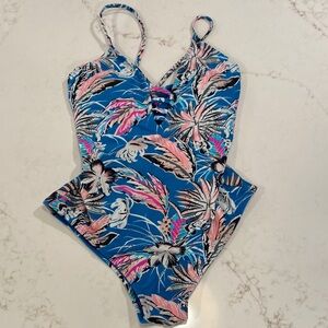 Gossip One Piece Swimsuit | Blue Pink Tropical Cutout | Lace and Tie Back Size M